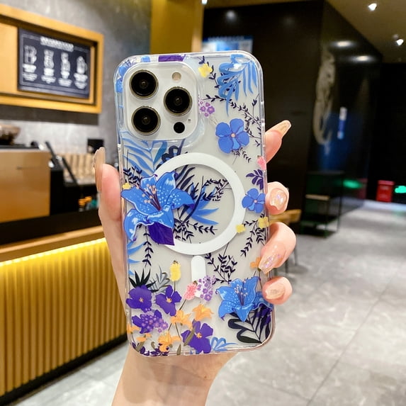 Allytech Clear Case for Apple iPhone 13 with Stylish Floral Pattern, Support Wireless Charging, Ultra Thin Lightweight Screen Lens Protection Shockproof Magnetic Case, Blue Flower