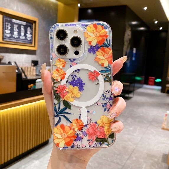 Allytech Clear Case for Apple iPhone 13 with Stylish Floral Pattern, Support Wireless Charging, Ultra Thin Lightweight Screen Lens Protection Shockproof Magnetic Case, Orange Flower