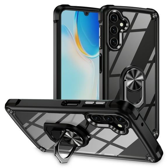 Allytech Clear Case for Samsung Galaxy A14 5G, Slim Case with Metal Ring Kickstand, Armor Lens Protection Shockproof Anti-Fingerprint Soft TPU Frame + Hard PC Back Protective Case - Black