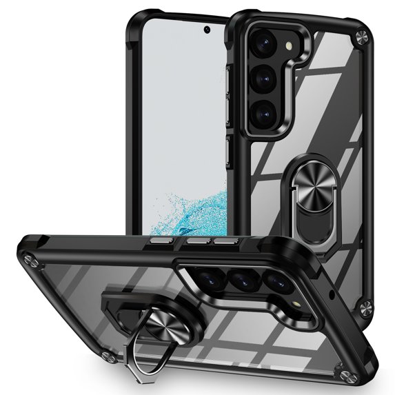 Allytech Clear Case for Samsung Galaxy S22 Plus, Slim Case with Metal Ring Kickstand, Armor Lens Protection Shockproof Anti-Fingerprint Soft TPU Frame + Hard PC Back Protective Case - Black