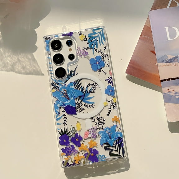 Allytech Clear Case for Samsung Galaxy S22 Ultra with Stylish Floral Pattern, Support Wireless Charging, Ultra Thin Lightweight Screen Lens Protection Shockproof Magnetic Case - Blue Flower