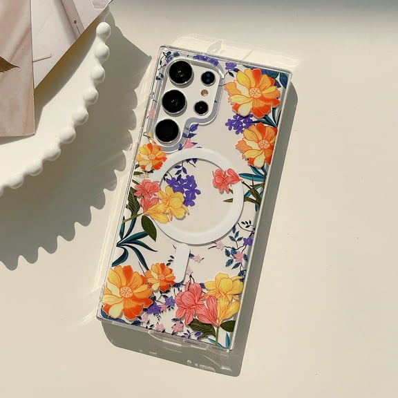 Allytech Clear Case for Samsung Galaxy S22 Ultra with Stylish Floral Pattern, Support Wireless Charging, Ultra Thin Lightweight Screen Lens Protection Shockproof Magnetic Case - Orange Flower