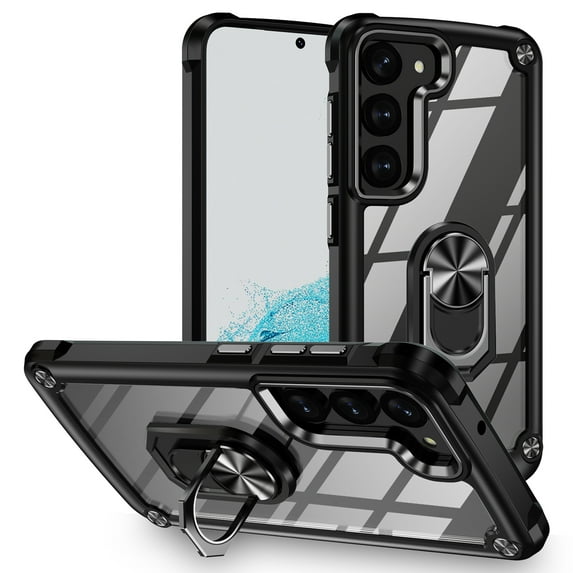 Allytech Clear Case for Samsung Galaxy S23, Slim Case with Metal Ring Kickstand, Armor Lens Protection Shockproof Anti-Fingerprint Soft TPU Frame + Hard PC Back Protective Case - Black