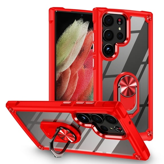 Allytech Clear Case for Samsung Galaxy S23 Ultra, Slim Case with Metal Ring Kickstand, Armor Lens Protection Shockproof Anti-Fingerprint Soft TPU Frame + Hard PC Back Protective Case - Red