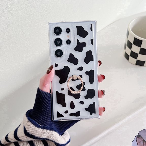 Allytech Clear Case for Samsung Galaxy S23 Ultra, Stylish Pattern Diamond Ring Holder Kickstand Soft TPU Shockproof Slim Lightweight Case for Samsung Galaxy S23 Ultra - Black/White Milk Print