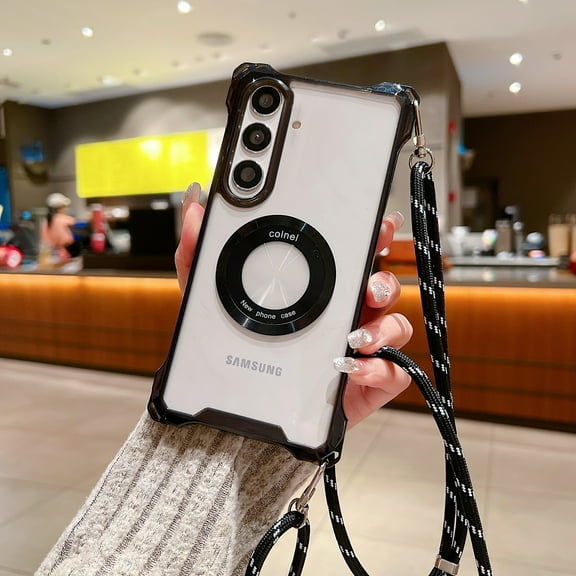 Allytech Clear Case for Samsung Galaxy S24, Compatible with MagSafe, Four Corners Drop Protection, Shockproof Anti-Scratch Slim Case with Shoulder Strap for Samsung Galaxy S24 - Black