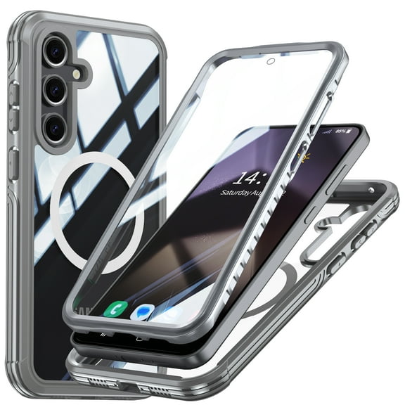 Allytech Clear Case for Samsung Galaxy S24 FE, [Built-in Screen Protector] Rugged PC Soft TPU Full Body Protection Case Compatible with MagSafe, Slim Transparent Shockproof Dustproof Cover,Gray