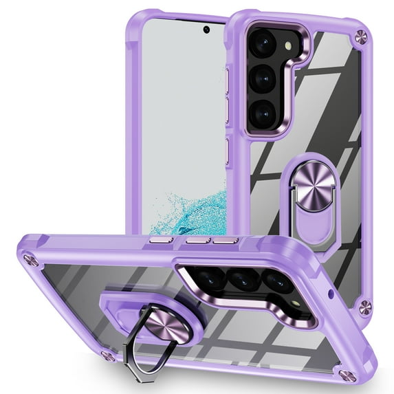 Allytech Clear Case for Samsung Galaxy S24, Slim Case with Metal Ring Kickstand, Armor Lens Protection Shockproof Anti-Fingerprint Soft TPU Frame + Hard PC Back Protective Case - Purple