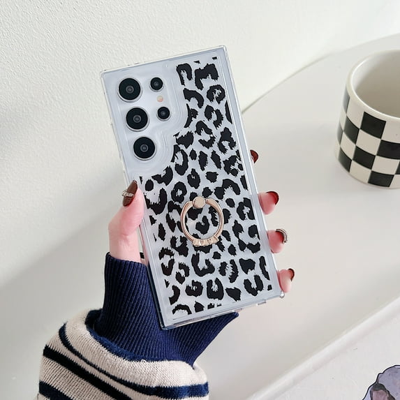 Allytech Clear Case for Samsung Galaxy S24, Stylish Pattern Diamond Ring Holder Kickstand Soft TPU Shockproof Slim Lightweight Case for Samsung Galaxy S24 - Black/White Leopard Print
