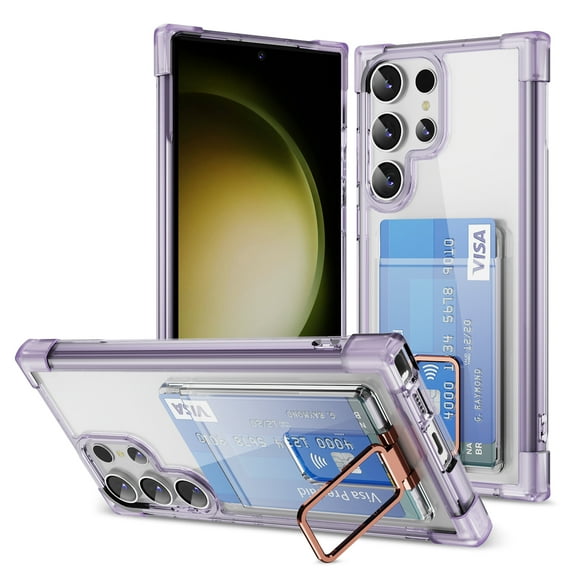 Allytech Clear Case for Samsung Galaxy S24 Ultra with Card Slot, Four Matte Corners Drop Protection, Ring Holder Kickstand, Shockproof Anti-Scratch Ultra Slim & Lightweight Case Cover, Purple