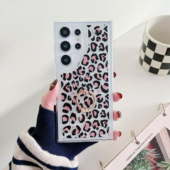 Allytech Clear Case for Samsung Galaxy S24 Ultra, Stylish Pattern Diamond Ring Holder Kickstand Soft TPU Shockproof Slim Lightweight Case for Samsung Galaxy S24 Ultra - Black/Pink Leopard Print