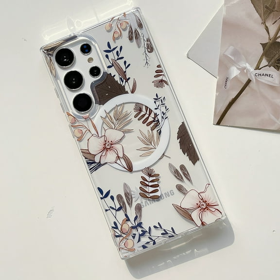 Allytech Clear Case for Samsung Galaxy S25 with Stylish Floral Pattern, Support Wireless Charging, Ultra Thin Lightweight Screen Lens Protection Shockproof Magnetic Case - Pink Flower