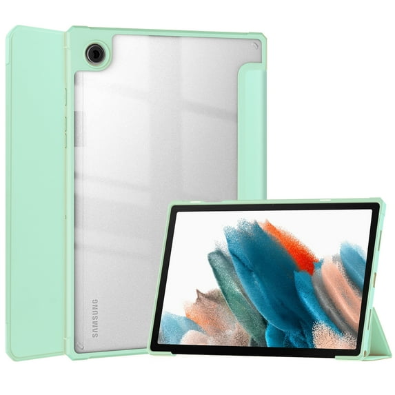 Allytech Clear Case for Samsung Galaxy Tab A8 10.5" 2022, Slim Trifold Viewing & Typing Stand Acrylic Transparent Back Cover with Auto Wake Sleep for Galaxy Tab A8 SM-X200/SM-X205/SM-X207, Mintgreen