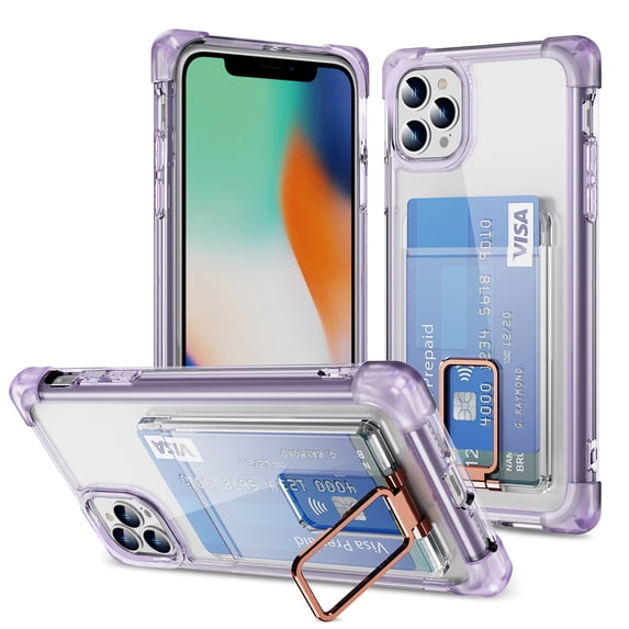 Allytech Clear Case for iPhone 12 Pro Max with Card Slot, Four Matte Corners Drop Protection, Ring Holder Kickstand, Shockproof Anti-Scratch Ultra Slim & Lightweight Case Cover, Purple