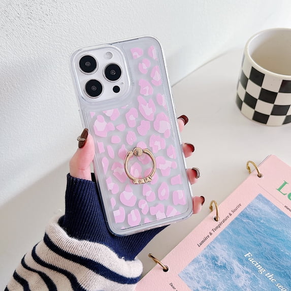 Allytech Clear Case for iPhone 13 Pro, Stylish Pattern Diamond Ring Holder Kickstand Soft TPU Shockproof Slim Lightweight Case for iPhone 13 Pro - Pink Leopard Print