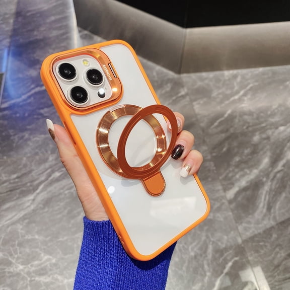 Allytech Clear Case for iPhone 15 with Camera Kickstand & Ring Holder, Compatible with MagSafe, Slim Fit Case, Shockproof Soft TPU Bumper Hard PC Back Cover for iPhone 15 - Orange