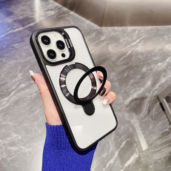 Allytech Clear Case for iPhone 15 Plus with Camera Kickstand & Ring Holder, Compatible with MagSafe, Slim Fit Case, Shockproof Soft TPU Bumper Hard PC Back Cover for iPhone 15 Plus - Black