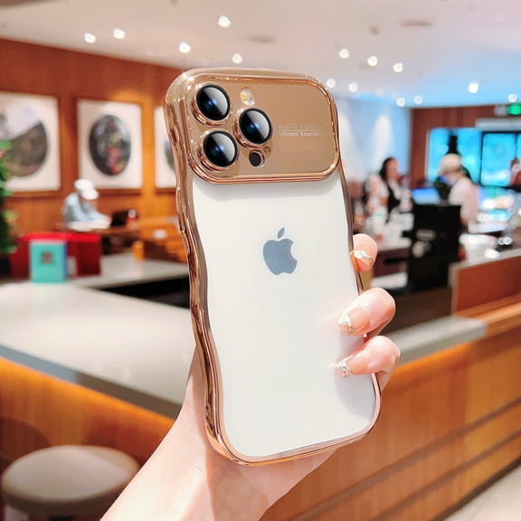 Allytech Clear Case for iPhone 15 Pro, [Camera Lens Protector] [Thin & Light] Luxury Plating Wave Frame Large Window Soft TPU Shockproof Protective Case for iPhone 15 Pro - Gold