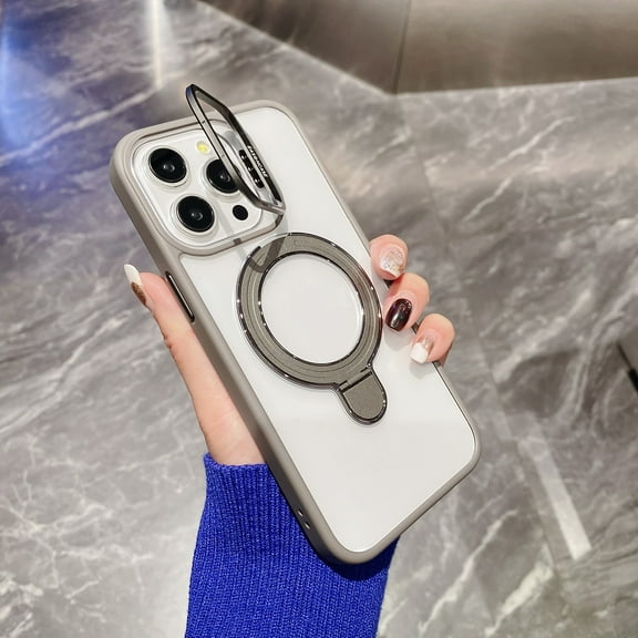 Allytech Clear Case for iPhone 15 Pro Max with Camera Kickstand & Ring Holder, Compatible with MagSafe, Slim Fit Case, Shockproof Soft TPU Bumper Hard PC Back Cover for iPhone 15 Pro Max - Gray