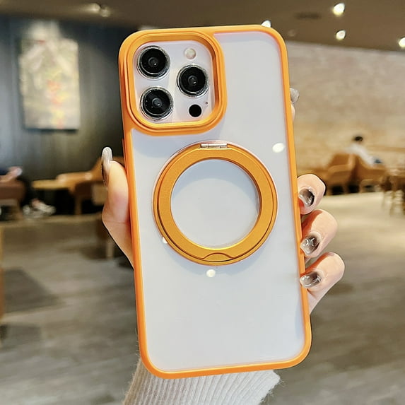 Allytech Clear Case for iPhone 15 Pro Max, Ultra Slim Lightweight Ring Holder 360° Kickstand Case Support Wireless Charging, Soft TPU + Hard PC Shockproof Non-Scratches Protective Cover, Orange