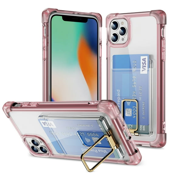 Allytech Clear Case for iPhone 8 Plus/7 Plus with Card Slot, Four Matte Corners Drop Protection, Ring Holder Kickstand, Shockproof Anti-Scratch Ultra Slim & Lightweight Case Cover, Pink