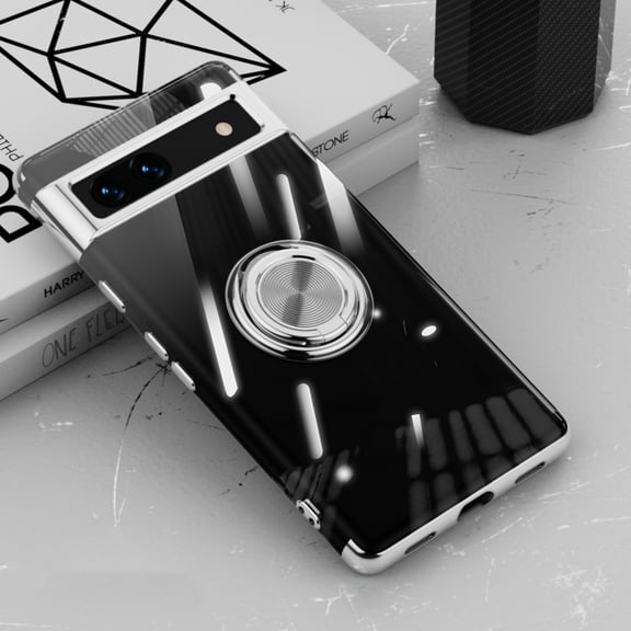 Allytech Clear Plating Case for Google Pixel 6a with Stand, 360° Rotatable Magnetic Ring Holder Support Car Mount,  Soft TPU Bumper Ultra Thin Slim Protective Case for Women Men - Silver