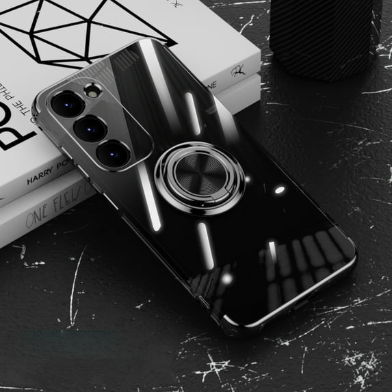 Allytech Clear Plating Case for Samsung Galaxy S23 Plus with Stand, 360° Rotatable Magnetic Ring Holder Support Car Mount, Soft TPU Bumper Ultra Thin Slim Protective Case for Women Men - Black