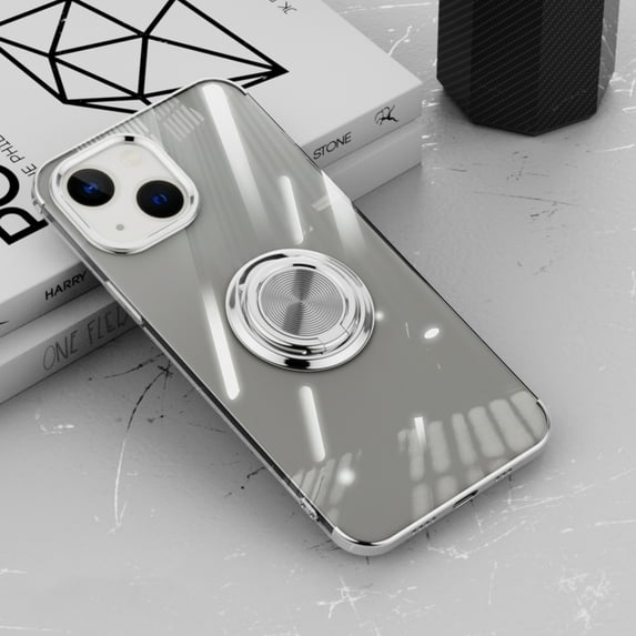 Allytech Clear Plating Case for iPhone 14 with Stand, 360° Rotatable Magnetic Ring Holder Support Car Mount, Soft TPU Bumper Ultra Thin Slim Protective Case for Women Men - Silver