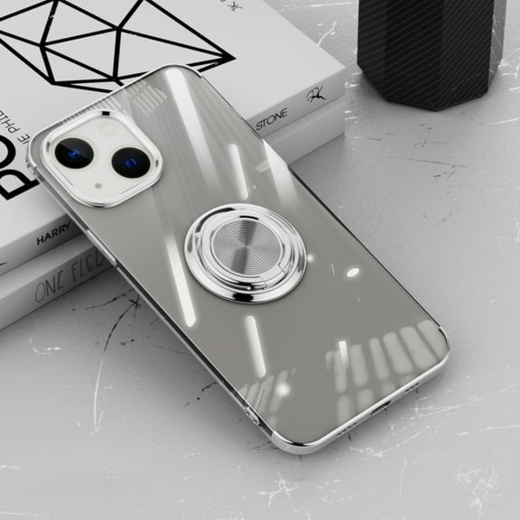 Allytech Clear Plating Case for iPhone 14 with Stand, 360° Rotatable Magnetic Ring Holder Support Car Mount, Soft TPU Bumper Ultra Thin Slim Protective Case for Women Men - Silver