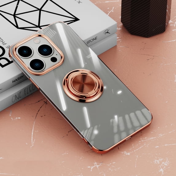Allytech Clear Plating Case for iPhone 15 Pro with Stand, 360° Rotatable Magnetic Ring Holder Support Car Mount, Soft TPU Bumper Ultra Thin Slim Protective Case for Women Men - Rosegold