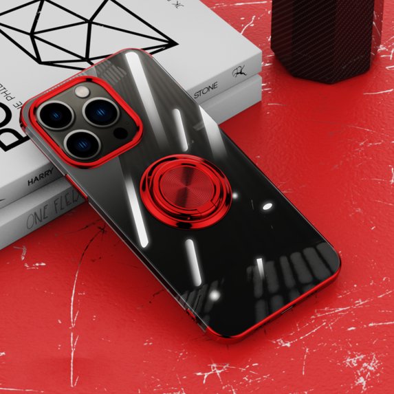 Allytech Clear Plating Case for iPhone 15 Pro with Stand, 360° Rotatable Magnetic Ring Holder Support Car Mount, Soft TPU Bumper Ultra Thin Slim Protective Case for Women Men - Red