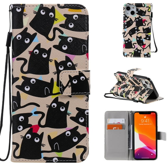 Allytech Colorful Painting PU Leather Case for iPhone 14 Plus 6.7" 2022, Flip Folio Kickstand Card Slots Removable Hand Strap Case for iPhone 14 Plus 5G, Funny Cats