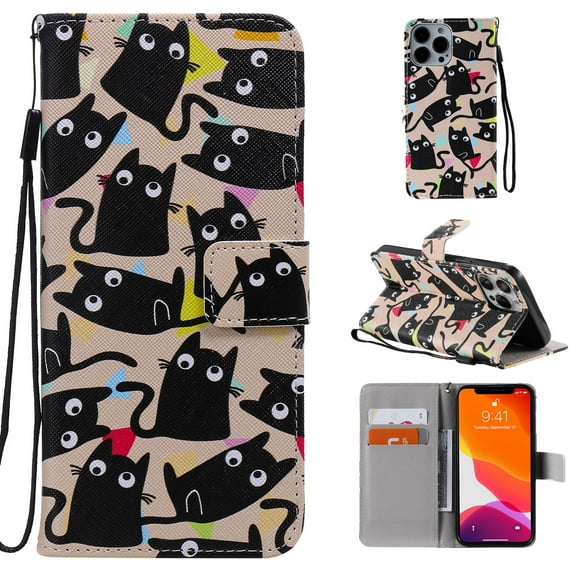 Allytech Colorful Painting PU Leather Case for iPhone 14 Pro 6.1" 2022, Flip Folio Kickstand Card Slots Removable Hand Strap Case for iPhone 14 Pro 5G, Funny Cats