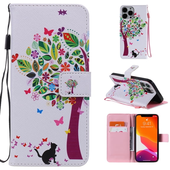 Allytech Colorful Painting PU Leather Case for iPhone 14 Pro 6.1" 2022, Flip Folio Kickstand Card Slots Removable Hand Strap Case for iPhone 14 Pro 5G, Tree Cat