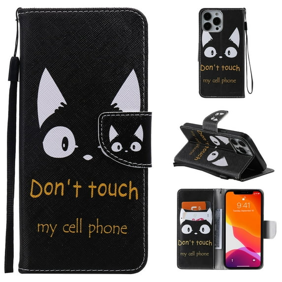 Allytech Colorful Painting PU Leather Case for iPhone 14 Pro Max 6.7" 2022, Flip Folio Kickstand Card Slots Removable Hand Strap Case for iPhone 14 Pro Max 5G, Cute Cat