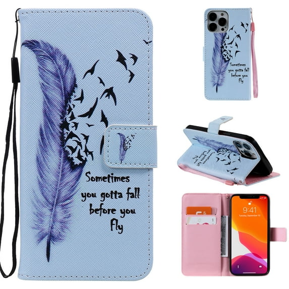 Allytech Colorful Painting PU Leather Case for iPhone 14 Pro Max 6.7" 2022, Flip Folio Kickstand Card Slots Removable Hand Strap Case for iPhone 14 Pro Max 5G, Feather Bird
