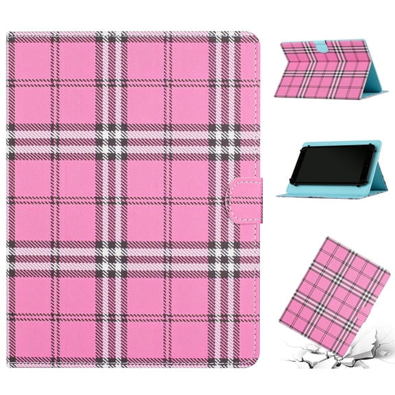 Allytech Compatible with 7.5 - 8.5 inch Universal Tablet Case,Colorful Grid Pattern Leather Folio Flip Holder Card Slots Slim Fit Shockproof Protective Case,Rose