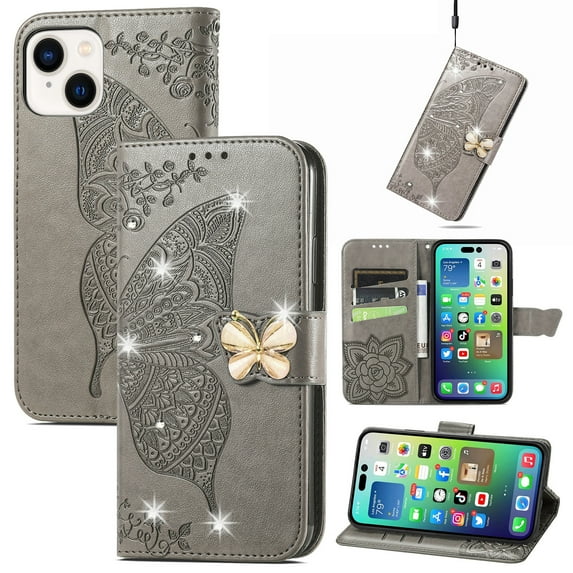 Allytech Compatible with Apple iPhone 14 Plus Case Embossed Diamond Butterfly Glitter Bling Case with Card Holder Stand Flip Wallet Shockproof Phone Cover for iPhone 14 Plus 5G 6.7" Crystal Gray