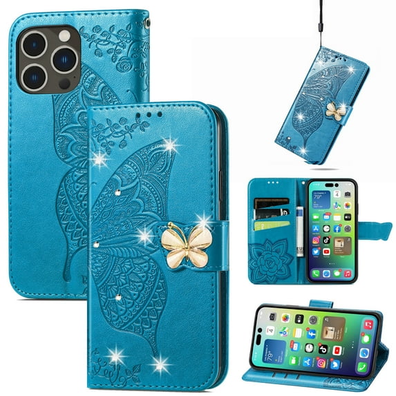 Allytech Compatible with Apple iPhone 14 Pro Case Embossed Diamond Butterfly Glitter Bling Case with Card Holder Stand Flip Wallet Shockproof Phone Cover for iPhone 14 Pro 5G 6.1" Crystal Blue