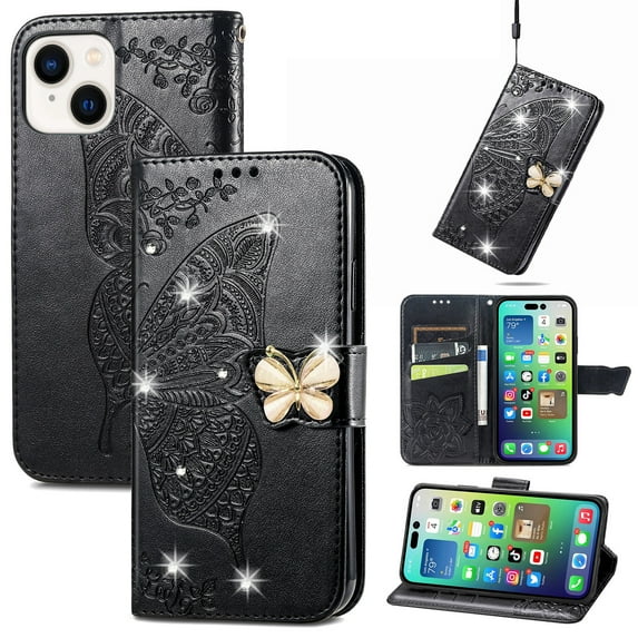 Allytech Compatible with Apple iPhone 15 Case Embossed Diamond Butterfly Glitter Bling Case with Card Holder Stand Flip Wallet Shockproof Phone Cover for iPhone 15 5G 6.1" Crystal Black