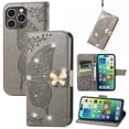 thumbnail image 1 of Allytech Compatible with Apple iPhone 15 Pro Max Case Embossed Diamond Butterfly Glitter Bling Case with Card Holder Stand Flip Wallet Shockproof Phone Cover for iPhone 15 Pro Max 6.7" Crystal Gray, 1 of 9