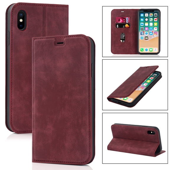 Allytech Compatible for Apple iPhone X,iPhone XS Wallet Case,RFID Blocking Premium PU Leather Full Protection Magnetic Flip Holder Card Slots Phone Case,Red