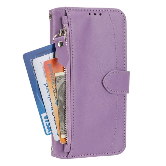 Allytech Compatible Case for iPhone 13 Pro Max Detachable Shockproof Magnetic Closure Case,Luxury Zipper Wallet with Hand Strap Holder Cover.For iPhone 13 Pro Max,Purple