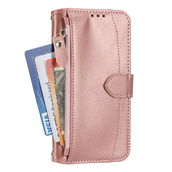 Allytech Compatible Case for iPhone 13 Pro Max Detachable Shockproof Magnetic Closure Case,Luxury Zipper Wallet with Hand Strap Holder Cover.For iPhone 13 Pro Max,Rosegold