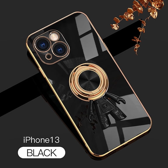 Allytech Compatible For iPhone 13 Case,Shockproof Hidden Gold Stylish Plating Finger Magnetic Car Holder Cute 6D Cartoon Astronaut Ultra Slim Back Cover.For iPhone 13,Black