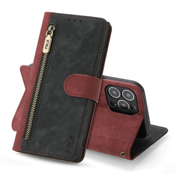 Allytech Compatible For iPhone XS/X 5.8 inch Zipper Card Slot Case,Shockproof Luxury Business PU Leather Flip Wallet Stand Cover with Wrist Strap.For iPhone XS/X,Red