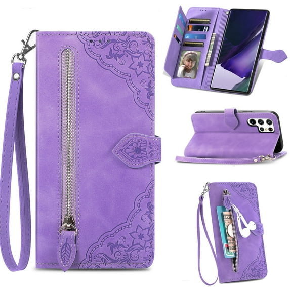Allytech Compatible with Galaxy S23 Ultra Wallet Case Embossed Pattern, Flip Folio Stand Case with Card Slots and Detachable Hand Strap PU Leather Case for Samsung Galaxy S23 Ultra 2023 (6.8"), Purple