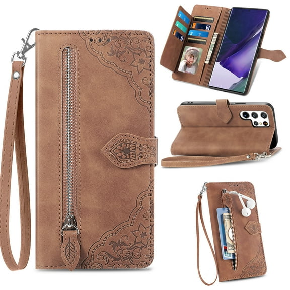 Allytech Compatible with Galaxy S23 Ultra Wallet Case Embossed Pattern, Flip Folio Stand Case with Card Slots and Detachable Hand Strap PU Leather Case for Samsung Galaxy S23 Ultra 2023 (6.8"), Brown