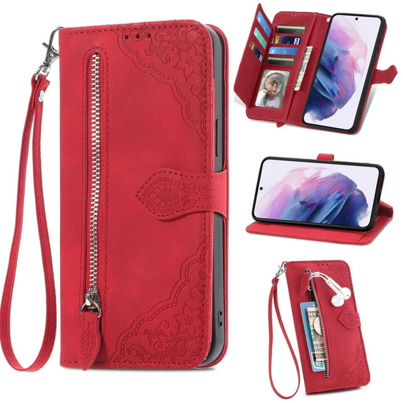 Allytech Compatible with Galaxy S23 Wallet Case Embossed Pattern, Flip Folio Stand Case with Card Slots and Detachable Hand Strap PU Leather Case for Samsung Galaxy S23 2023 (6.1"), Red
