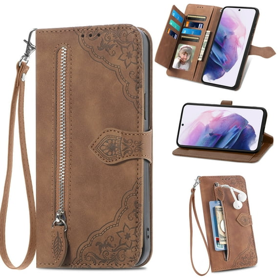 Allytech Compatible with Galaxy S23 Wallet Case Embossed Pattern, Flip Folio Stand Case with Card Slots and Detachable Hand Strap PU Leather Case for Samsung Galaxy S23 2023 (6.1"), Brown